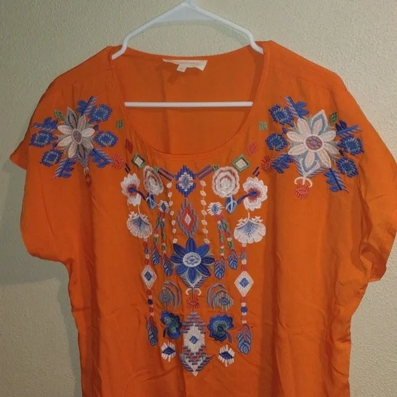 Solitaire Orange Boxy Embroidered Short Sleeve Blouse Top Boho Floral L - Picture 2 of 6